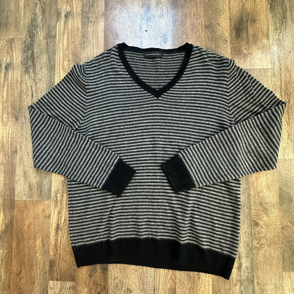 Jhane Barnes Black & Gray Striped V-Neck Cashmere Sweater